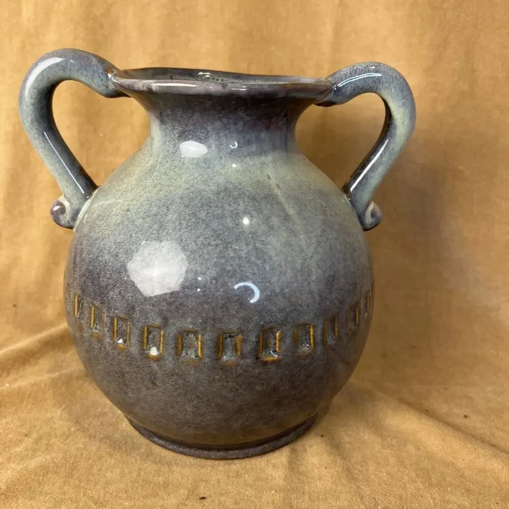 Creative Co-Op Stoneware Vase Two Handles‎ Blue Glaze 9 In